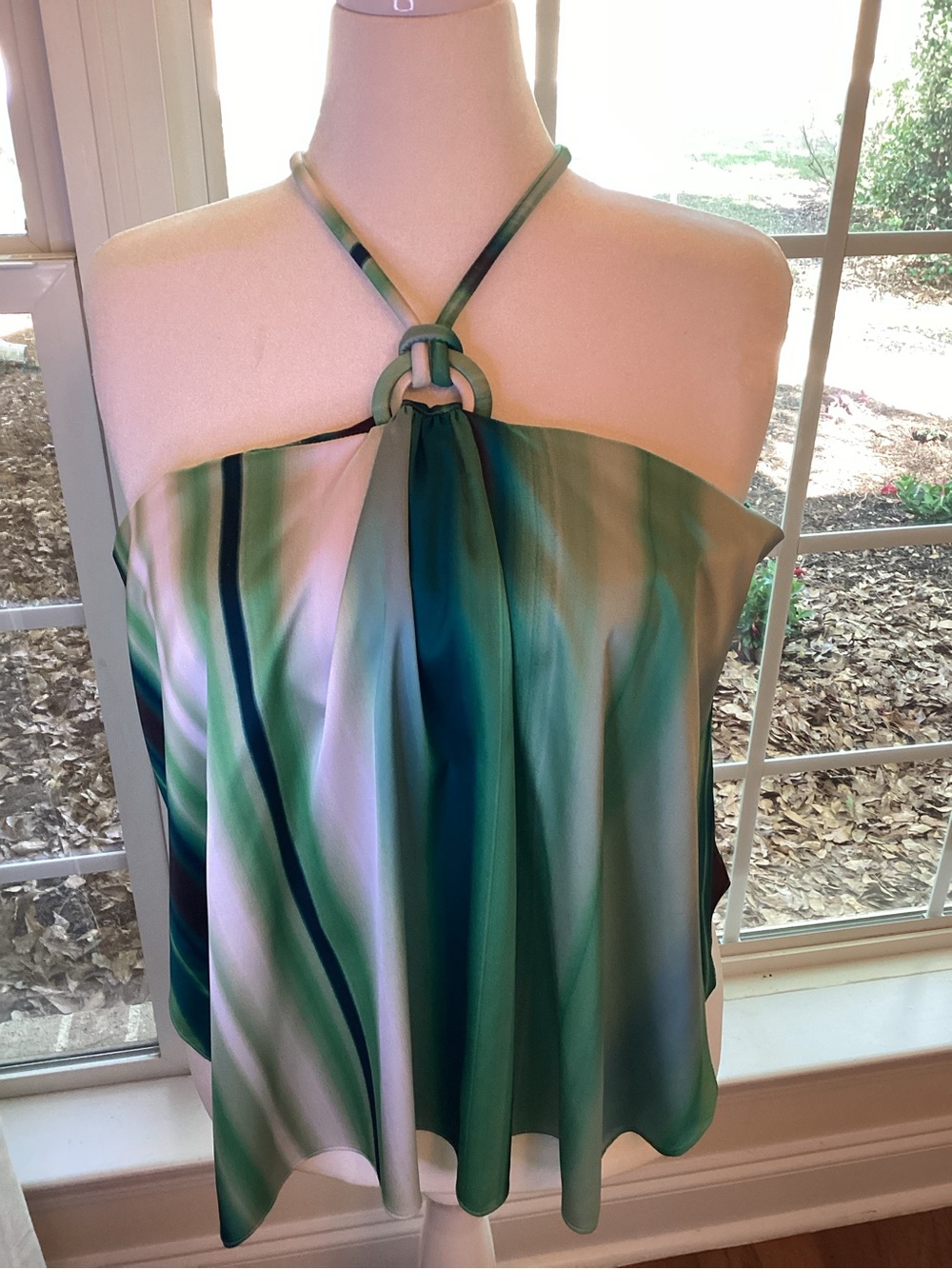 White House Black Market Green & Teal Halter Top with Ring Detail